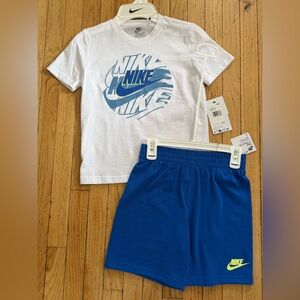 Nike boys size 6 White Tee with Blue and Neon Yellow Logo + Blue Shorts